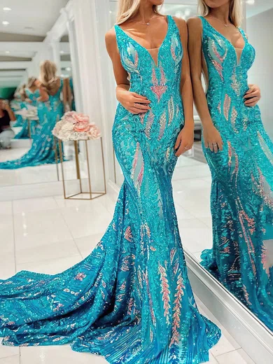 Mermaid V-neck Backless Sparkly Sequin Prom Dresses #UKM020121908