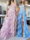 Ball Gown Off-the-shoulder Tulle Sweep Train Prom Dresses With Appliques Lace #UKM020121909