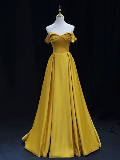 Ball Gown Off-the-shoulder Satin Prom Dresses With Ruched #UKM020121924