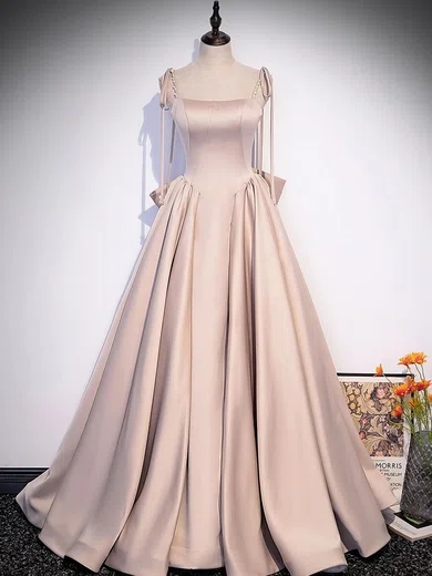 Ball Gown Square Neck Satin Modest Prom Dresses With Bow #UKM020121928