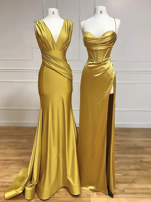 Trumpet/Mermaid V-neck Jersey Sweep Train Prom Dresses With Ruched #UKM020121940
