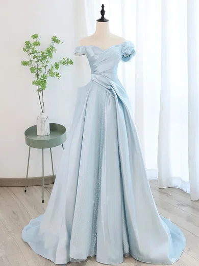 Tulle Off The Shoulder Satin Blue Ruched Prom Dress Tulle Off The Shoulder Satin Blue Ruched Prom Dress