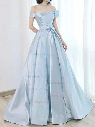 Tulle Off The Shoulder Satin Blue Ruched Prom Dress Tulle Off The Shoulder Satin Blue Ruched Prom Dress