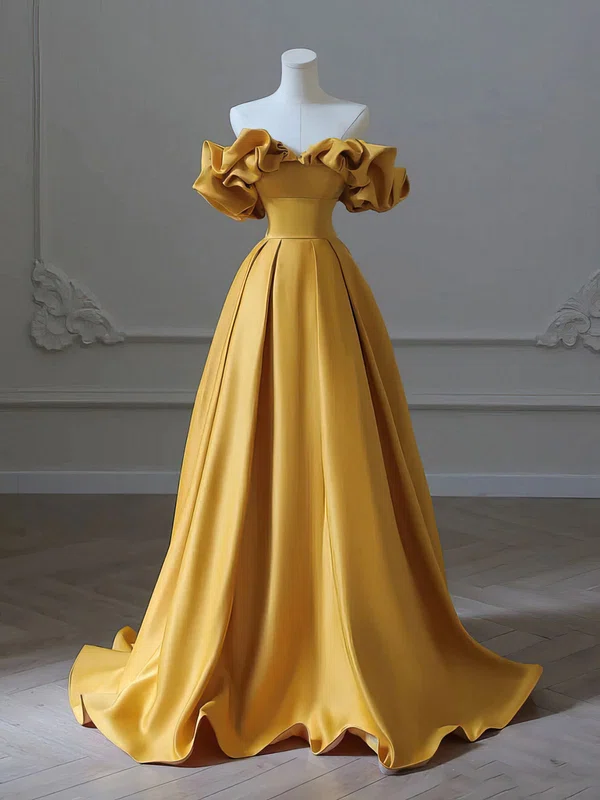 Ball Gown/Princess Off-the-shoulder Satin Floor-length Prom Dresses With Ruffles #UKM020121945