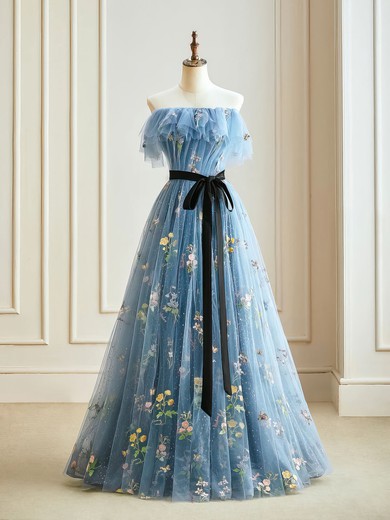 Ball Gown Strapless Tulle Floor-length Floral Prom Dresses #UKM020121910