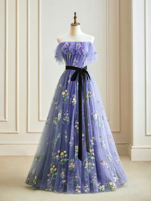 Ball Gown/Princess Straight Tulle Glitter Floor-length Prom Dresses With Sashes / Ribbons #UKM020121916