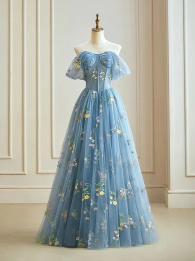 Ball Gown Off-the-shoulder Tulle Floral Prom Dresses With Ruched #UKM020121918