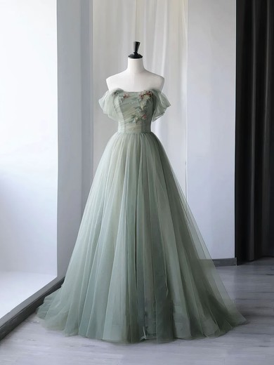 Ball Gown/Princess Off-the-shoulder Tulle Sweep Train Prom Dresses With Beading #UKM020121919