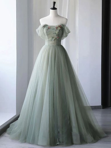 Ball Gown Off-the-shoulder Tulle 3D Floral Prom Dresses With Beading #UKM020121919