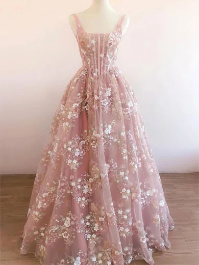 Ball Gown Square Neck Lace Floor-length Floral Prom Dresses #UKM020121952