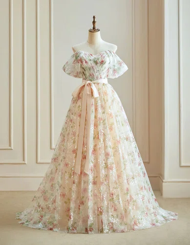 Ball Gown Off-the-shoulder Lace Floral Prom Dresses With Ruched #UKM020121953