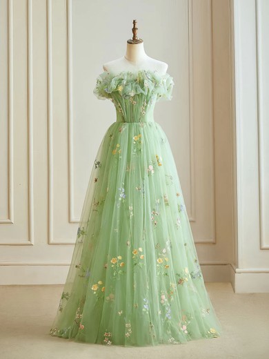 Ball Gown Strapless Tulle Floral Prom Dresses With Ruched #UKM020121959
