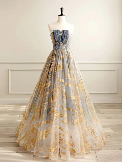 Ball Gown Strapless Tulle Floor-length Floral Prom Dresses #UKM020121938