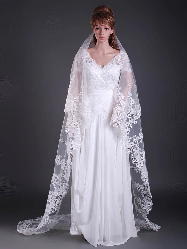 One-tier Cathedral Wedding Veils with Lace Applique Edge #1430050