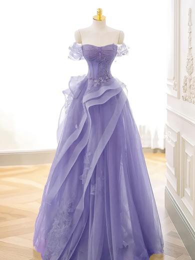 Ball Gown/Princess Off-the-shoulder Tulle Floor-length Prom Dresses With Beading #UKM020121920