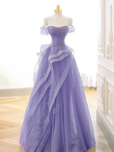 Princess Off-the-shoulder Tulle Ruffle Prom Dresses With Appliques #UKM020121920