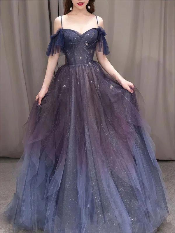 Ball Gown/Princess Sweetheart Tulle Glitter Sweep Train Prom Dresses With Ruffles #UKM020121926