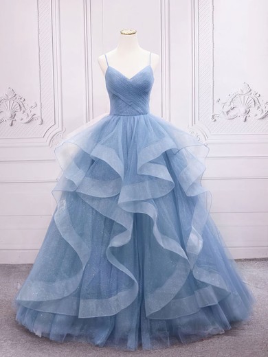 Ball Gown V-neck Tulle Ruffle Prom Dresses With Ruched #UKM020121939