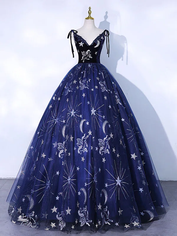 Ball Gown/Princess V-neck Tulle Floor-length Prom Dresses #UKM020121957