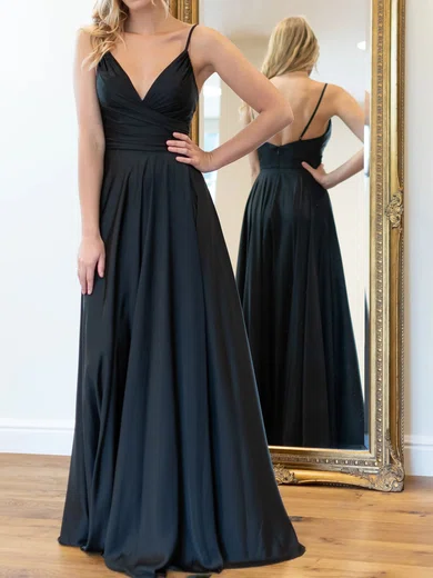 Black A-line V-neck Satin Prom Dresses With Ruched #UKM020122001