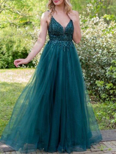 Ball Gown V-neck Glitter Tulle Prom Dresses with Appliques #UKM020122014