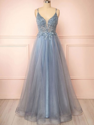 Ball Gown V-neck Floor-length Tulle Prom Dresses With Appliques #UKM020121962