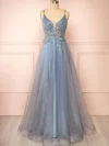 Ball Gown V-neck Floor-length Tulle Prom Dresses With Appliques #UKM020121962