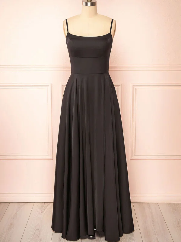 Black A-line Square Neck Floor-length Satin Prom Dresses #UKM020121966