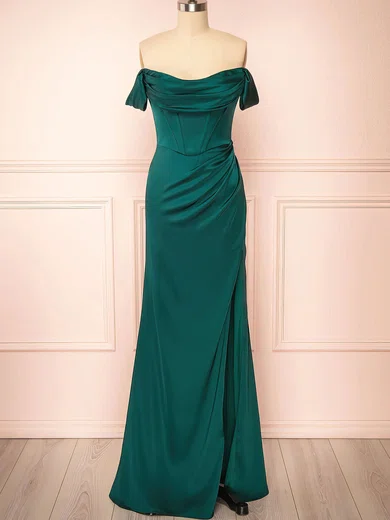 Sheath/Column Off-the-shoulder Satin Corset Prom Dresses With Ruched #UKM020121970