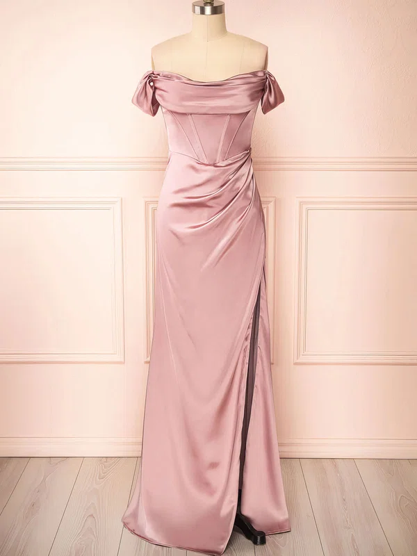 Sheath/Column Off-the-shoulder Satin Corset Prom Dresses With Ruched #UKM020121971