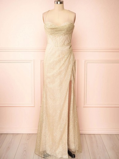 Sheath/Column Cowl Neck Glitter Floor-length Prom Dresses With Split #UKM020121975