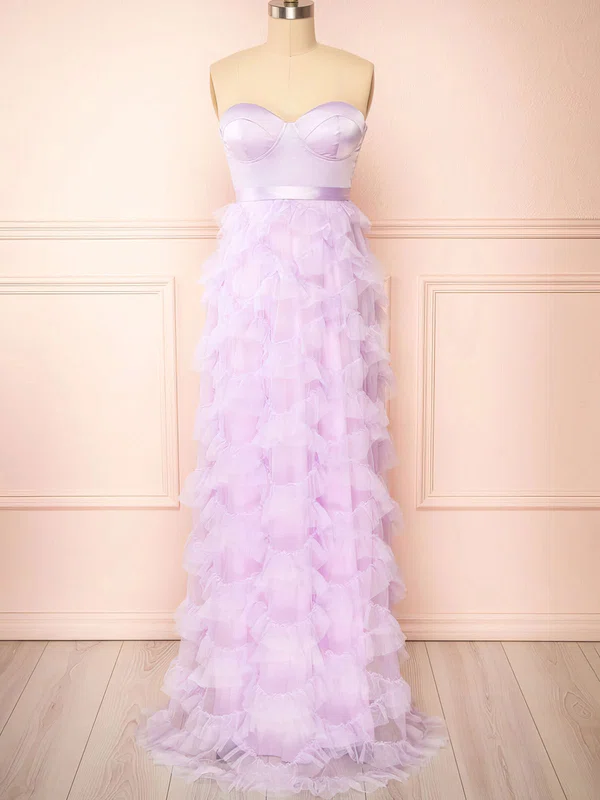 A-line Strapless Satin Tulle Ruffle Prom Dresses #UKM020121982