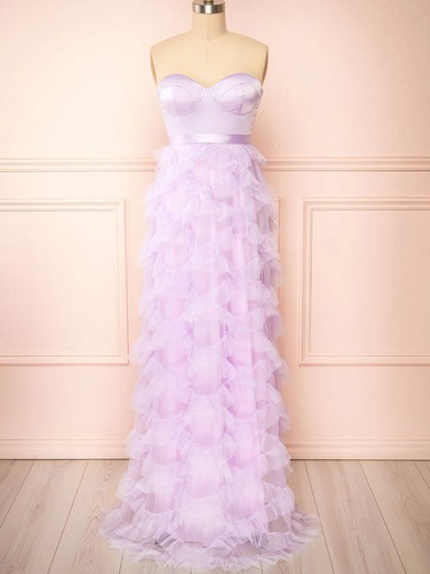 A-line Strapless Satin Tulle Ruffle Prom Dresses #UKM020121982