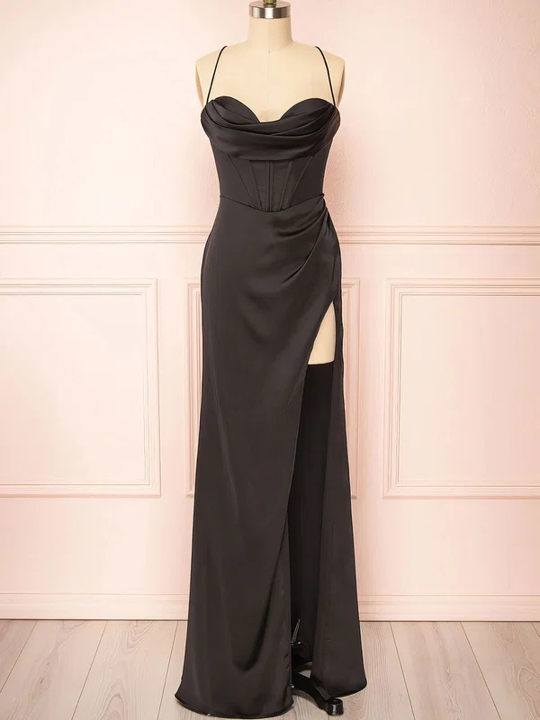 Black Sheath/Column Cowl Neck Satin Corset Prom Dresses With Ruched #UKM020121983