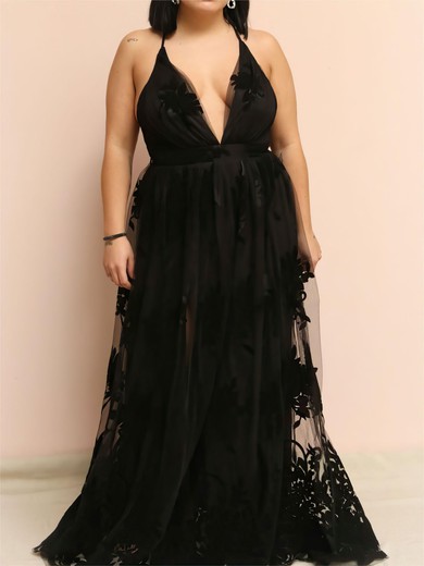 A-line V-neck Lace Floor-length Prom Dresses #UKM020122017