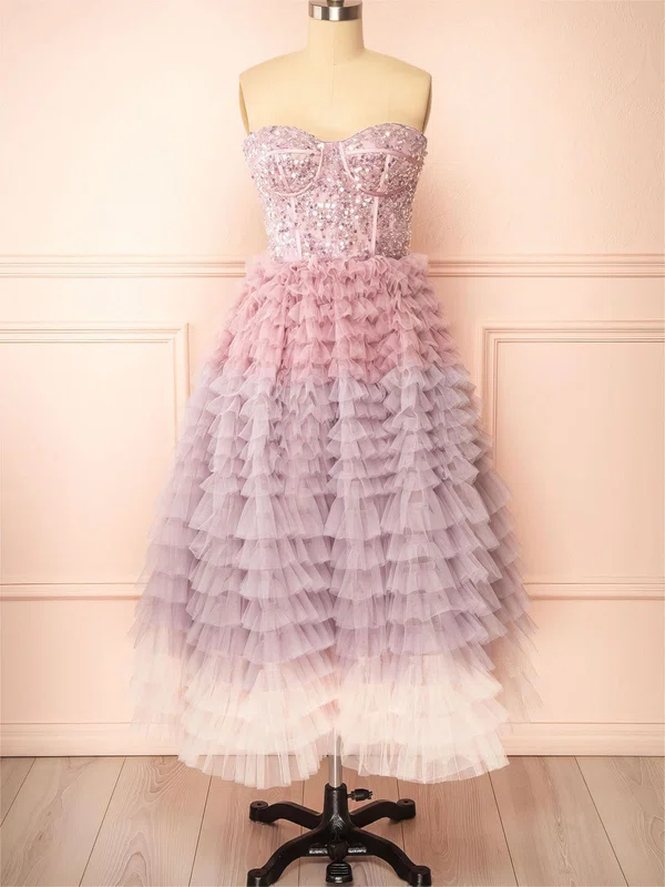 Ball Gown/Princess Sweetheart Tulle Sequined Tea-length Prom Dresses #UKM020122016