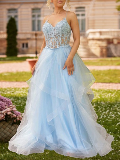 Ball Gown/Princess V-neck Tulle Prom Dresses with Appliques #UKM020122018