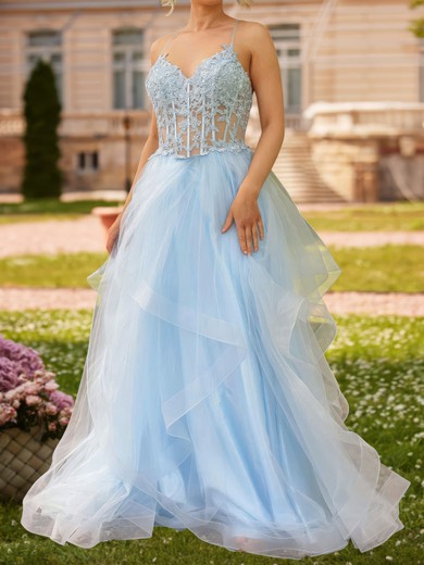 Princess V-neck Tulle Ruffle Prom Dresses with Appliques #UKM020122018