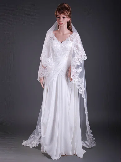 Two-tier Tulle Chapel Wedding Veils with Lace Applique Edge #1430057