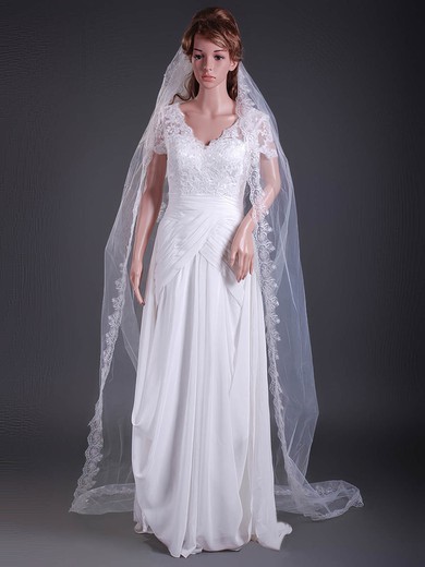 Three-tier Tulle Cathedral Wedding Veils with Lace Applique Edge #1430058