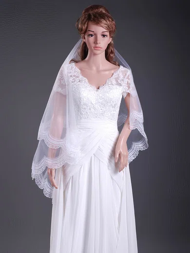 Gorgeous Two-tier Tulle Fingertip Wedding Veils with Lace Applique Edge #1430059