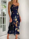 Navy Blue Floral Print Satin Midi Dress GD02026013