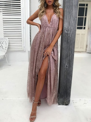 Dusty Rose Glitter Tulle Split Maxi Dress GT02026016