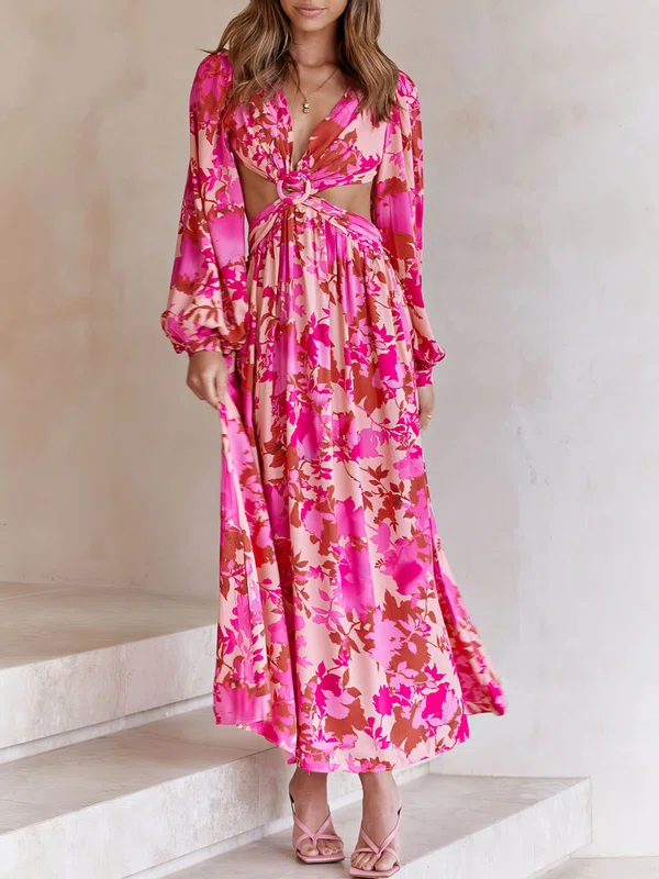 Pink Floral Print Cutout Long Sleeve Maxi Dress GT02026026