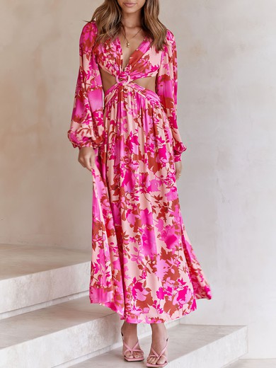 Pink Floral Print Cutout Long Sleeve Maxi Dress GT02026026