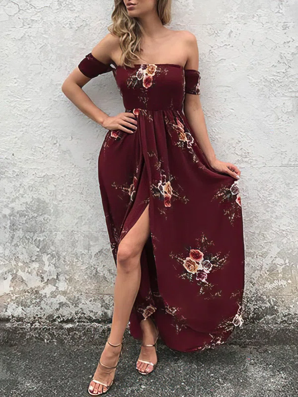 Burgundy Off-the-shoulder Floral Print Maxi Dress PT02026033