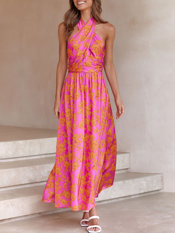 Pink Halter Floral Print Maxi Dress Millybridal