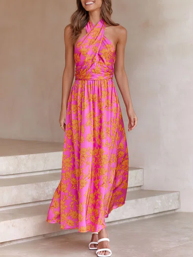 Pink Halter Floral Print Maxi Dress PT02026041