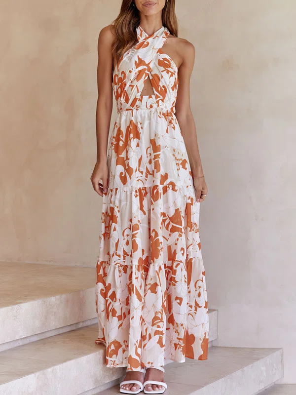 Ivory Halter Floral Print Maxi Dress GD02026042