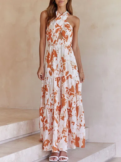 Ivory Halter Floral Print Maxi Dress PT02026042